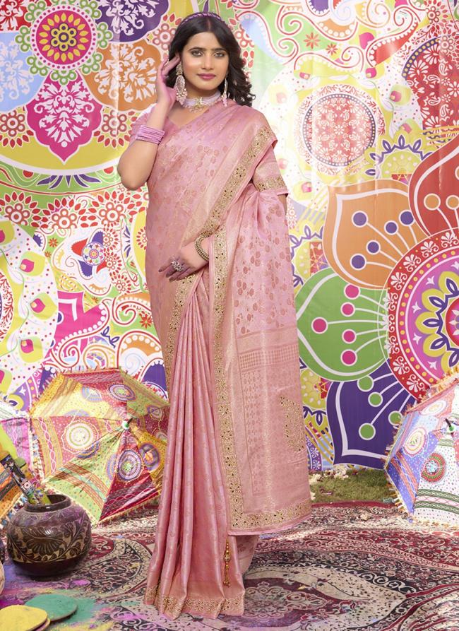 Brocade Satin Pink Wedding Wear Hand Work Saree